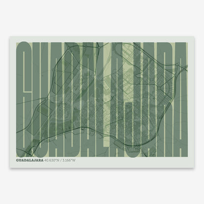 The map of Guadalajara and letters of its name in a giclée print designed in two green tones
