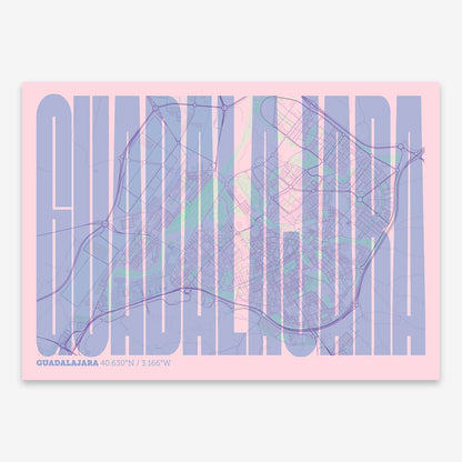 The map of Guadalajara and letters of its name in a giclée print designed in pink and light blue