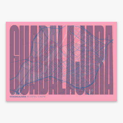 The map of Guadalajara and letters of its name in a giclée print designed in violet y pink background