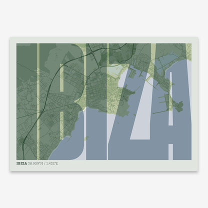 The map of Ibiza and letters of its name in a giclée print designed in two green tones