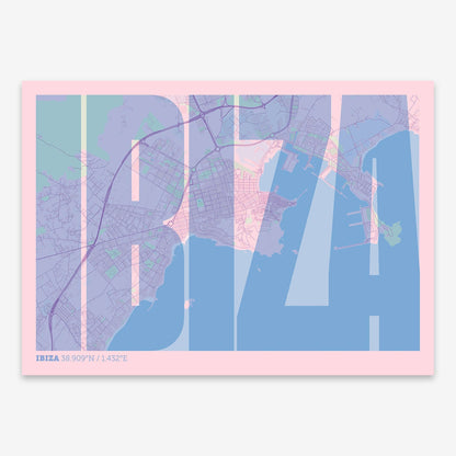 The map of Ibiza and letters of its name in a giclée print designed in pink and light blue