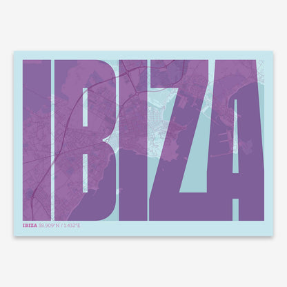 The map of Ibiza and letters of its name in a giclée print designed in purple and light blue
