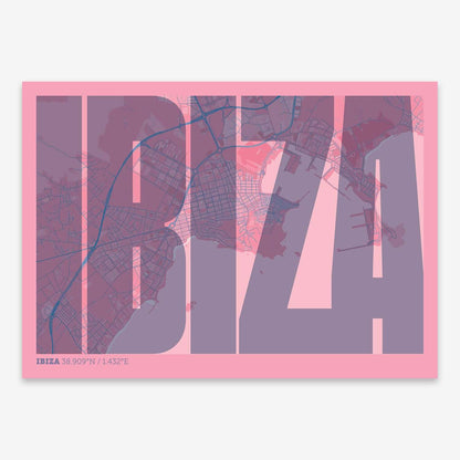 The map of Ibiza and letters of its name in a giclée print designed in violet y pink background