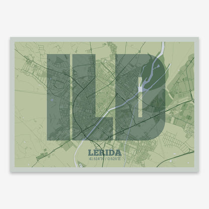 The map of Lerida composed with letters in a heavy geometric font printed on two green tones