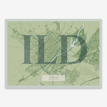 The map of Lerida composed with letters in serif font printed on two green tones