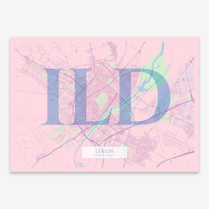 The map of Lerida composed with letters in serif font printed on pink and light blue