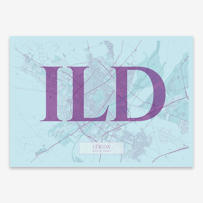 The map of Lerida composed with letters in serif font printed on purple and light blue