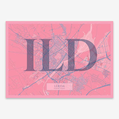 The map of Lerida composed with letters in serif font printed on violet y pink background