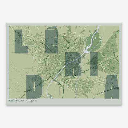 The map of Lerida with letters of its name placed randomly, designed in two green tones