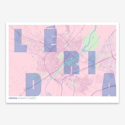 The map of Lerida with letters of its name placed randomly, designed in pink and light blue