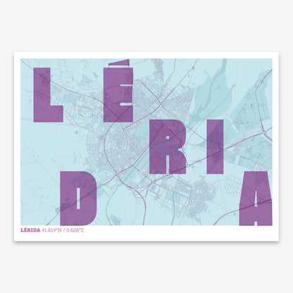 The map of Lerida with letters of its name placed randomly, designed in purple and light blue