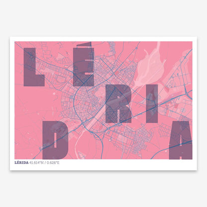 The map of Lerida with letters of its name placed randomly, designed in violet y pink background