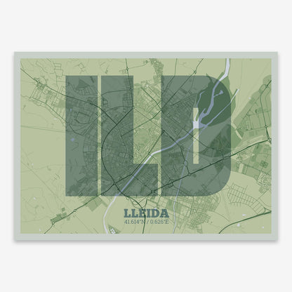 The map of Lleida composed with letters in a heavy geometric font printed on two green tones