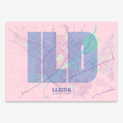 The map of Lleida composed with letters in a heavy geometric font printed on pink and light blue