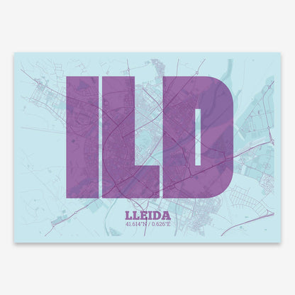 The map of Lleida composed with letters in a heavy geometric font printed on purple and light blue