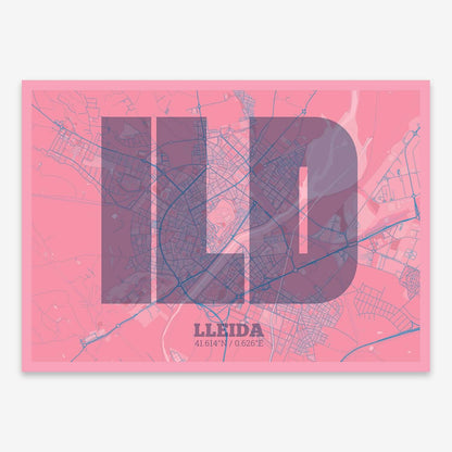 The map of Lleida composed with letters in a heavy geometric font printed on violet y pink background