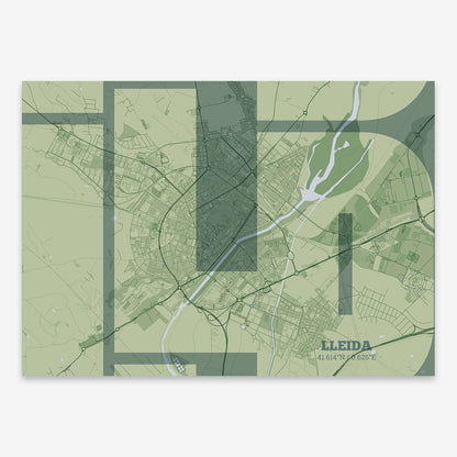 The map of Lleida composed with letters from its name or IATA code printed on two green tones