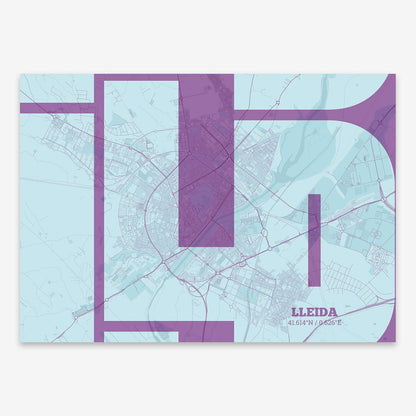 The map of Lleida composed with letters from its name or IATA code printed on purple and light blue