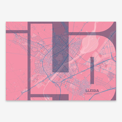 The map of Lleida composed with letters from its name or IATA code printed on violet y pink background