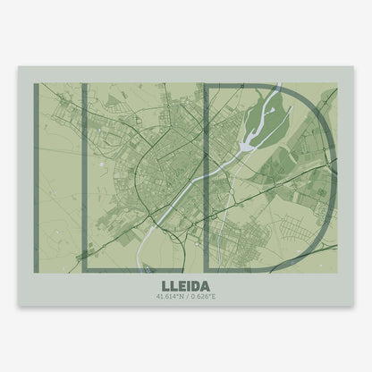 The map of Lleida composed with letters in extra light font printed on two green tones