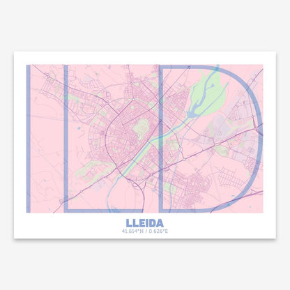 The map of Lleida composed with letters in extra light font printed on pink and light blue