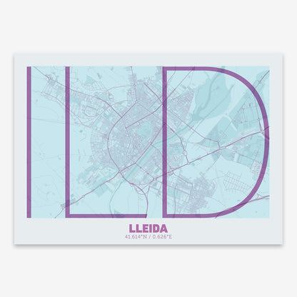 The map of Lleida composed with letters in extra light font printed on purple and light blue