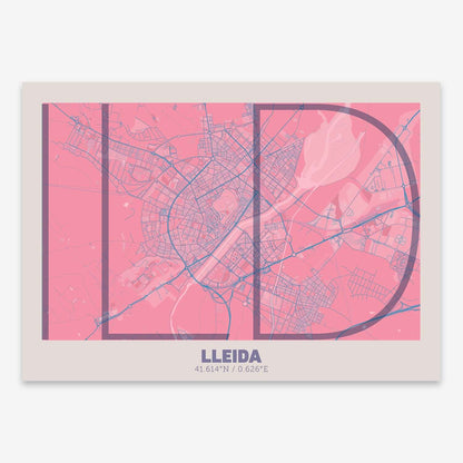 The map of Lleida composed with letters in extra light font printed on violet y pink background
