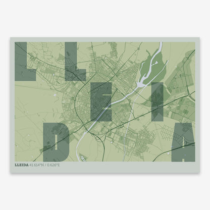 The map of Lleida with letters of its name placed randomly, designed in two green tones