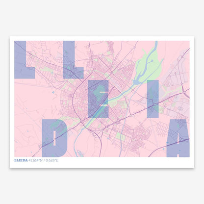 The map of Lleida with letters of its name placed randomly, designed in pink and light blue