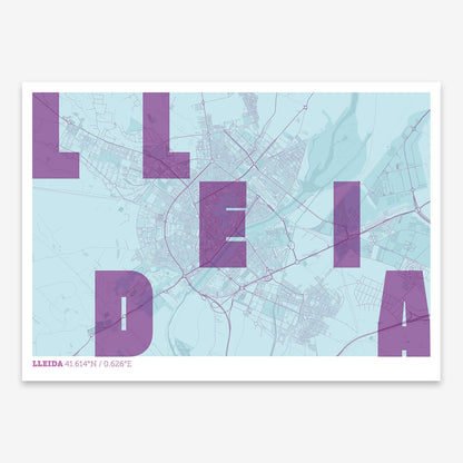 The map of Lleida with letters of its name placed randomly, designed in purple and light blue