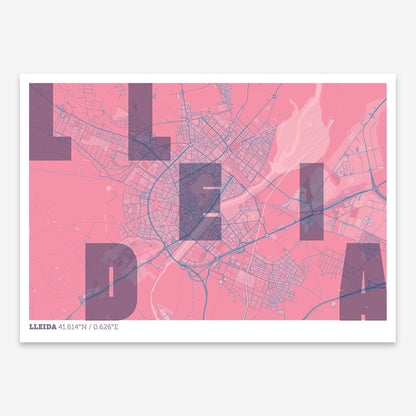 The map of Lleida with letters of its name placed randomly, designed in violet y pink background