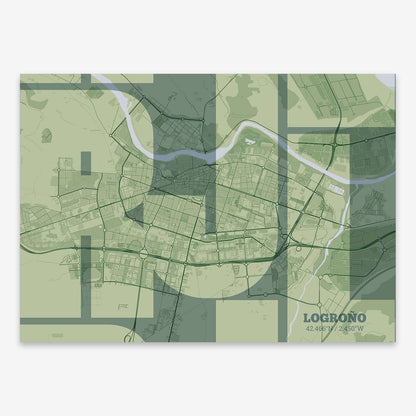 The map of Logrono composed with letters from its name or IATA code printed on two green tones