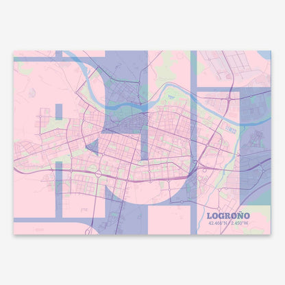 The map of Logrono composed with letters from its name or IATA code printed on pink and light blue