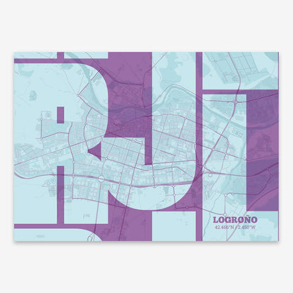 The map of Logrono composed with letters from its name or IATA code printed on purple and light blue