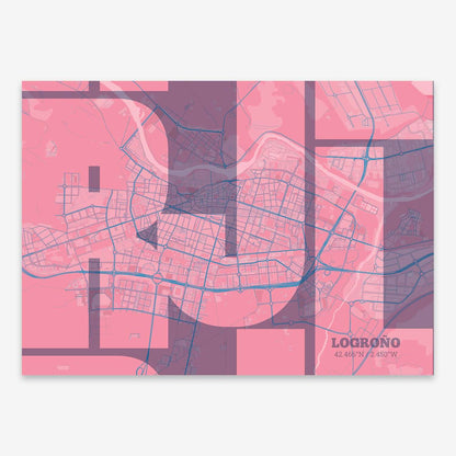 The map of Logrono composed with letters from its name or IATA code printed on violet y pink background