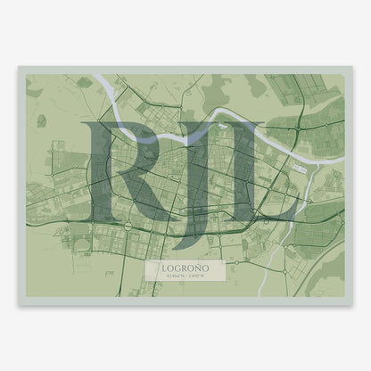 The map of Logrono composed with letters in serif font printed on two green tones