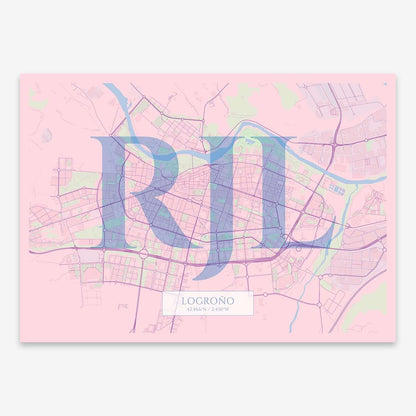 The map of Logrono composed with letters in serif font printed on pink and light blue