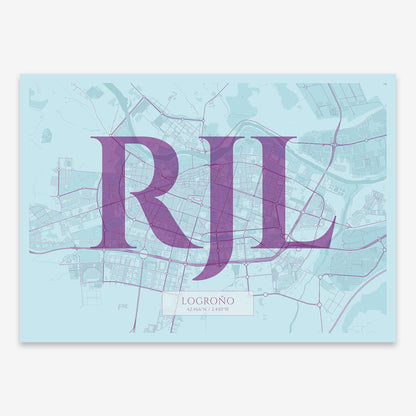 The map of Logrono composed with letters in serif font printed on purple and light blue