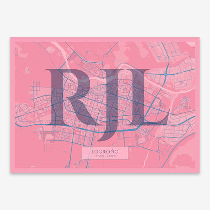 The map of Logrono composed with letters in serif font printed on violet y pink background