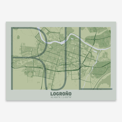 The map of Logrono composed with letters in extra light font printed on two green tones