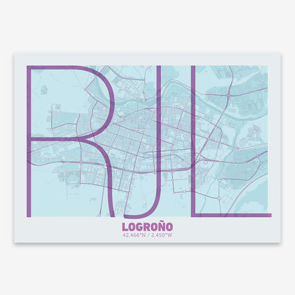 The map of Logrono composed with letters in extra light font printed on purple and light blue
