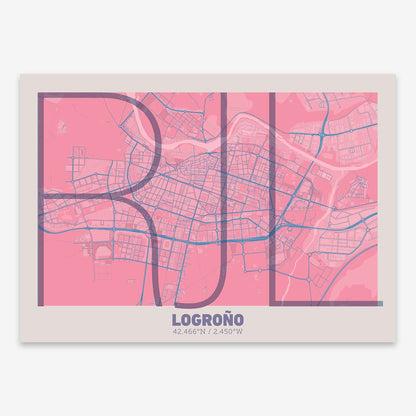 The map of Logrono composed with letters in extra light font printed on violet y pink background