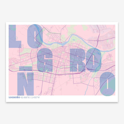 The map of Logrono with letters of its name placed randomly, designed in pink and light blue