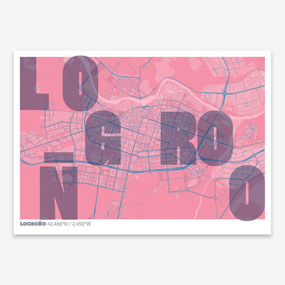 The map of Logrono with letters of its name placed randomly, designed in violet y pink background