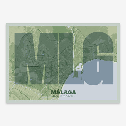 The map of Malaga composed with letters in a heavy geometric font printed on two green tones