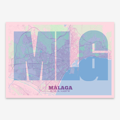 The map of Malaga composed with letters in a heavy geometric font printed on pink and light blue