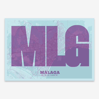 The map of Malaga composed with letters in a heavy geometric font printed on purple and light blue