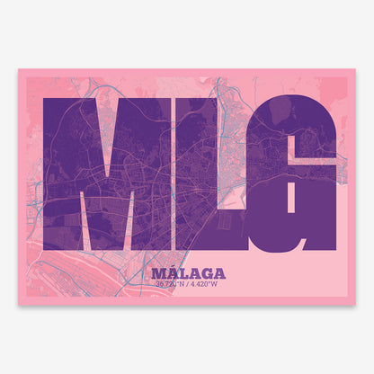 The map of Malaga composed with letters in a heavy geometric font printed on violet y pink background