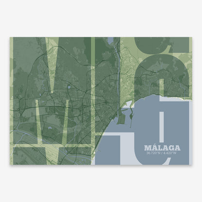 The map of Malaga composed with letters from its name or IATA code printed on two green tones