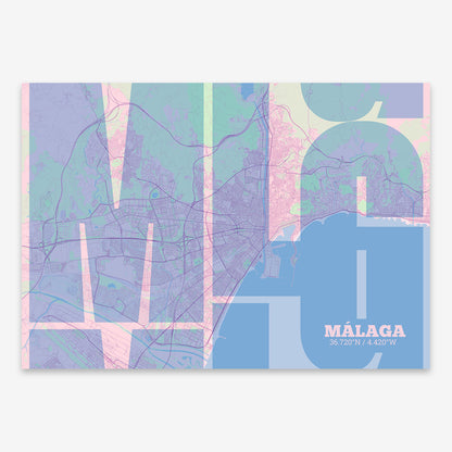 The map of Malaga composed with letters from its name or IATA code printed on pink and light blue
